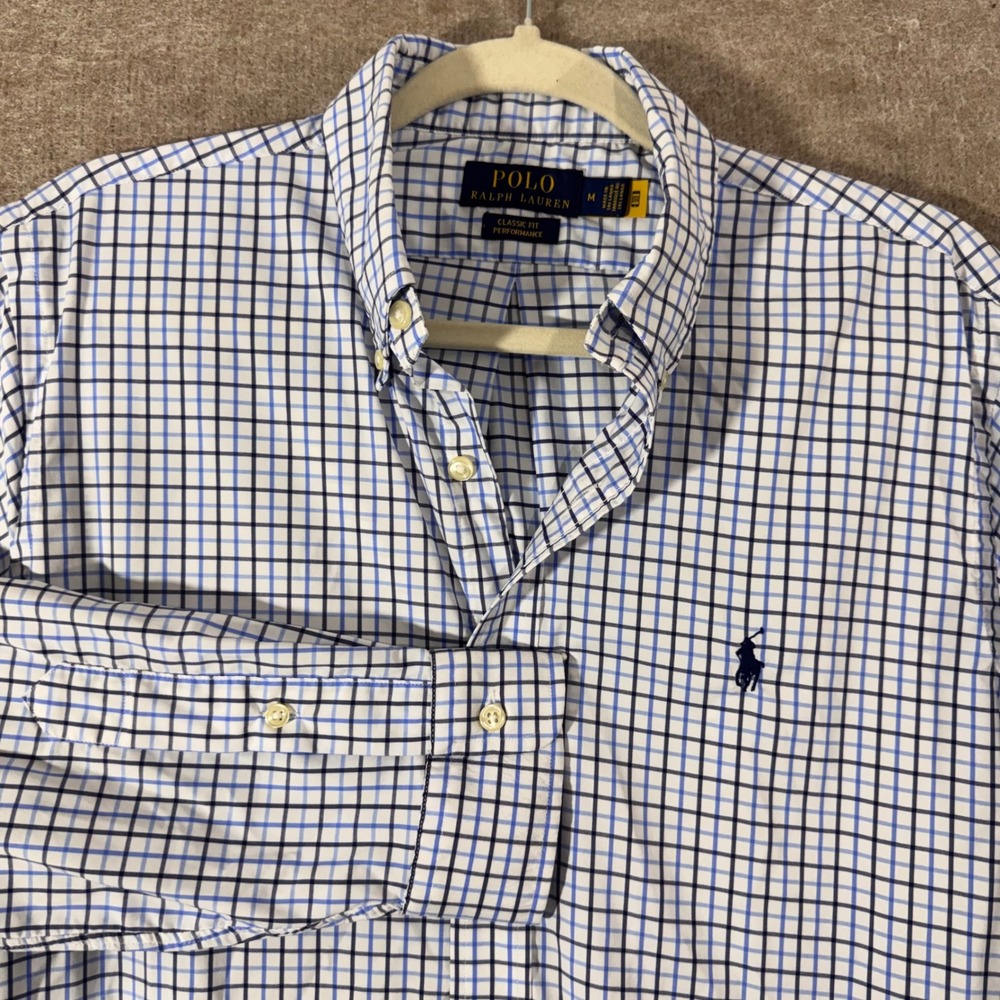 Polo Ralph Lauren Button Down Shirt Mens M Blue Plaid Classic Fit Performance